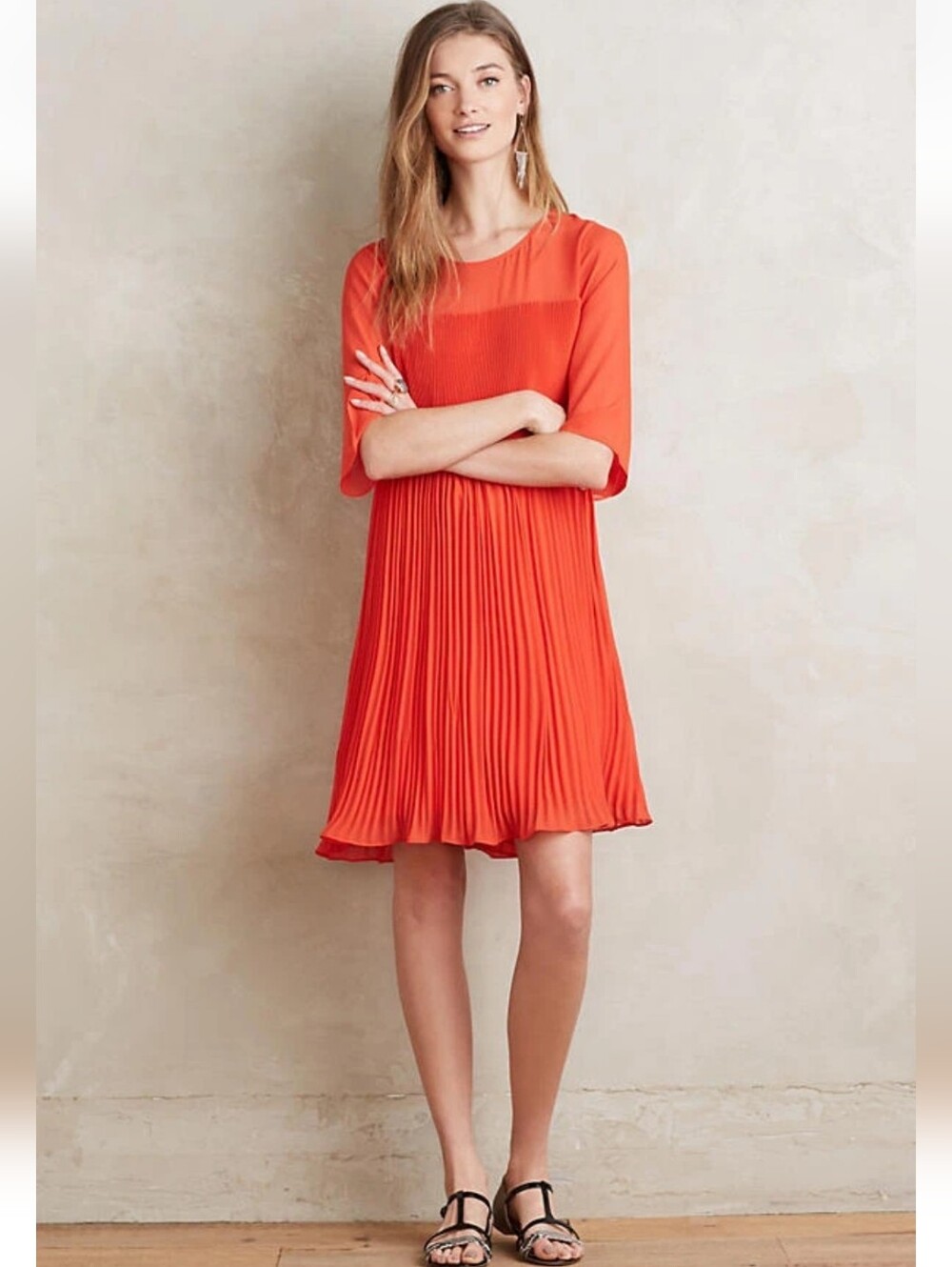 Anthropologie Maeve Orange Micro Pleated Swing Dress Size 8 Petite